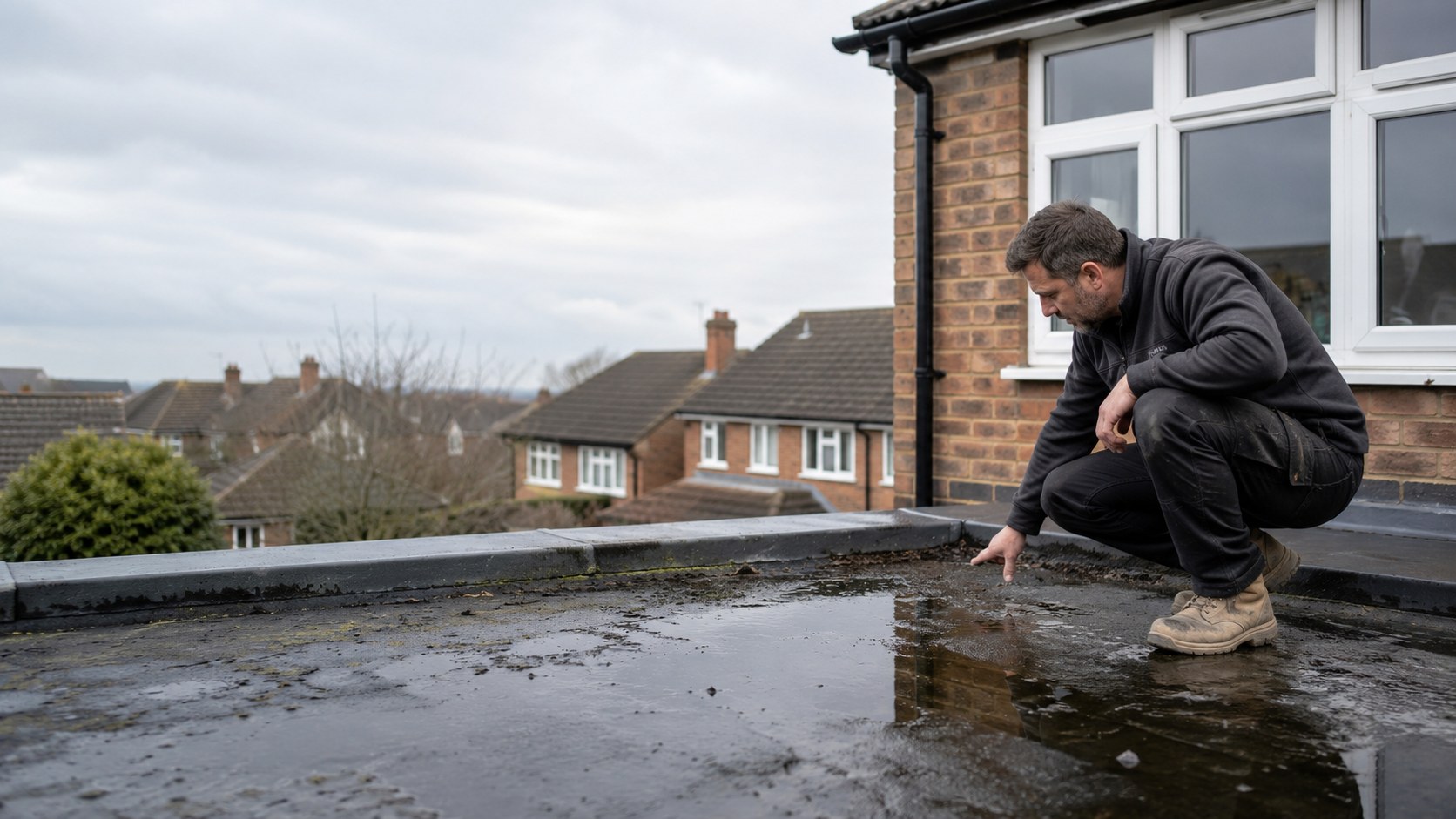 Roofer inspecting ponding water on a flat roof