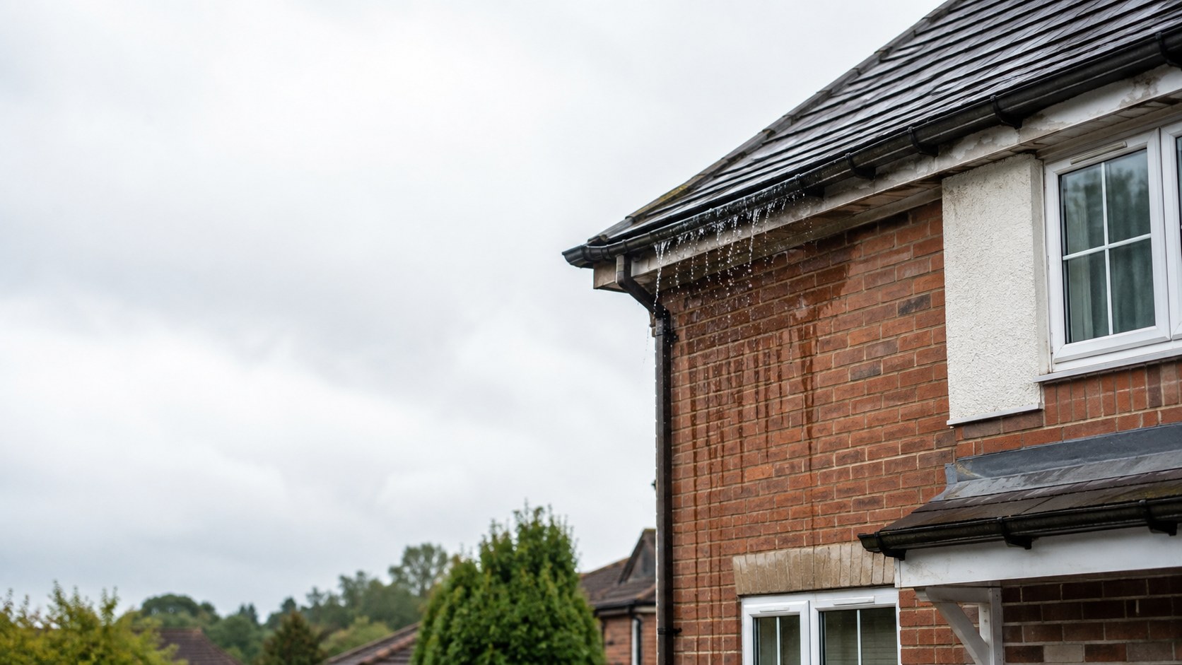 Overflowing gutter on a British house